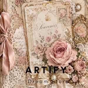 May include: A vintage-style scrapbook with a romantic theme. The design features faded paper, lace, and pink roses. The word "Souvenirs" is visible, along with the text "ARTIFY Dream Store". A bow and pearl embellishments add to the aesthetic.