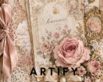 Op de afbeelding: Een vintage scrapbook met een romantisch thema. Het ontwerp bevat verbleekt papier, kant en roze rozen. Het woord "Souvenirs" is zichtbaar, samen met de tekst "ARTIFY Dream Store". Een strik en parelversieringen dragen bij aan de esthetiek.