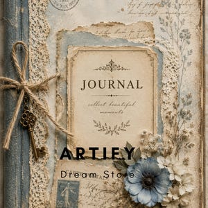Puede incluir: Un diario con una cubierta azul desgastada que presenta una etiqueta central con el texto JOURNAL collect beautiful moments. La cubierta está decorada con encaje, una cuerda atada con una llave de metal, un sello postal vintage y flores azules.