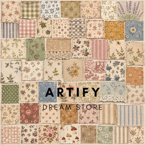 Puede incluir: Una colección de muestras de tela cuadradas dispuestas en una cuadrícula, con diversos patrones que incluyen estampados florales, cuadros vichy, rayas, lunares y encaje. El texto ARTIFY DREAM STORE está centrado sobre los cuadrados.