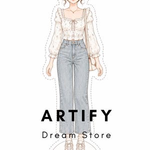 以下が含まれることがあります： 茶色の髪をお団子にまとめた人物のペーパードールイラスト。花柄の白い長袖ブラウス、ライトブルーのデニムジーンズ、白いスニーカーを着用している。人物の下には「ARTIFY Dream Store」という文字が印刷されている。