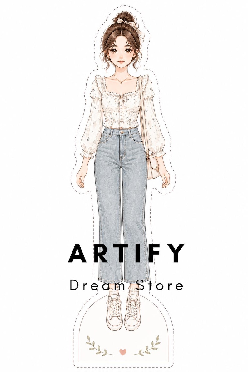 以下が含まれることがあります： 茶色の髪をお団子にまとめた人物のペーパードールイラスト。花柄の白い長袖ブラウス、ライトブルーのデニムジーンズ、白いスニーカーを着用している。人物の下には「ARTIFY Dream Store」という文字が印刷されている。
