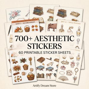 May include: A collection of 60 printable sticker sheets featuring 700+ aesthetic stickers with illustrations of books, autumn harvest items, vintage perfume bottles, flowers, animals, and stationery items, labeled with the text 700+ AESTHETIC STICKERS.