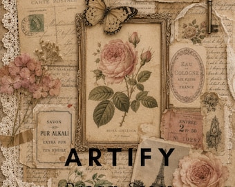 Op de afbeelding: Een collage met vintage Franse ephemera, waaronder verouderde papierresten, een roosillustratie in een gouden lijst, een vlinder, een oude sleutel, kanten afwerking en een roze lint. De tekst ARTIFY Dream Store is in het midden over de afbeelding geplaatst.