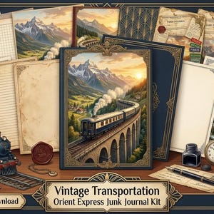 May include: A digital junk journal kit featuring 42+ printable pages with vintage train, mountain, and travel themes. Includes lined paper, envelopes, a steam locomotive, lanterns, a pocket watch, and a fountain pen. Text reads: Vintage Transportation Orient Express Junk Journal Kit, 300 DPI, Instant Download.