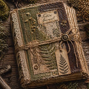 May include: A handcrafted nature journal with a vintage, rustic appearance. The cover is a patchwork of fabrics and dried plants, with lace trim and a wooden tag featuring a fern print. It's bound with twine and a decorative button.