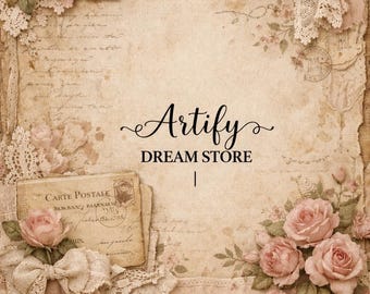 Op de afbeelding: Vintage-stijl achtergrond met een verweerde papiertextuur, versierd met roze rozen, kant en een ansichtkaart. De tekst "Artify DREAM STORE" wordt weergegeven in elegant schrift. Het ontwerp roept een romantische, antieke esthetiek op.