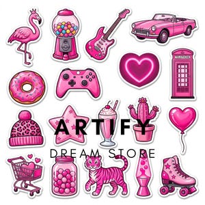 May include: A collection of pink stickers featuring a flamingo, gumball machine, electric guitar, convertible car, donut, game controller, heart, telephone booth, beanie, star, milkshake, cactus, balloon, shopping cart, jar, tiger, lava lamp, and roller skate.