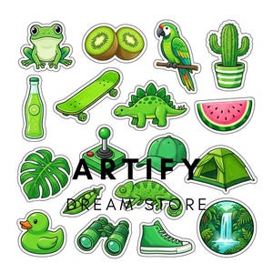 May include: A collection of green-themed stickers featuring a frog, kiwi, parrot, cactus, soda bottle, skateboard, dinosaur, watermelon slice, monstera leaf, joystick, baseball cap, tent, pea pod, chameleon, rubber duck, binoculars, sneaker, and waterfall.