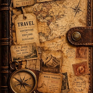 May include: Vintage-style travel journal with a leather cover, adorned with aged paper ephemera, a compass, and the words "Travel, Adventure, Explore, Discover." The journal features a map design and various stamps.