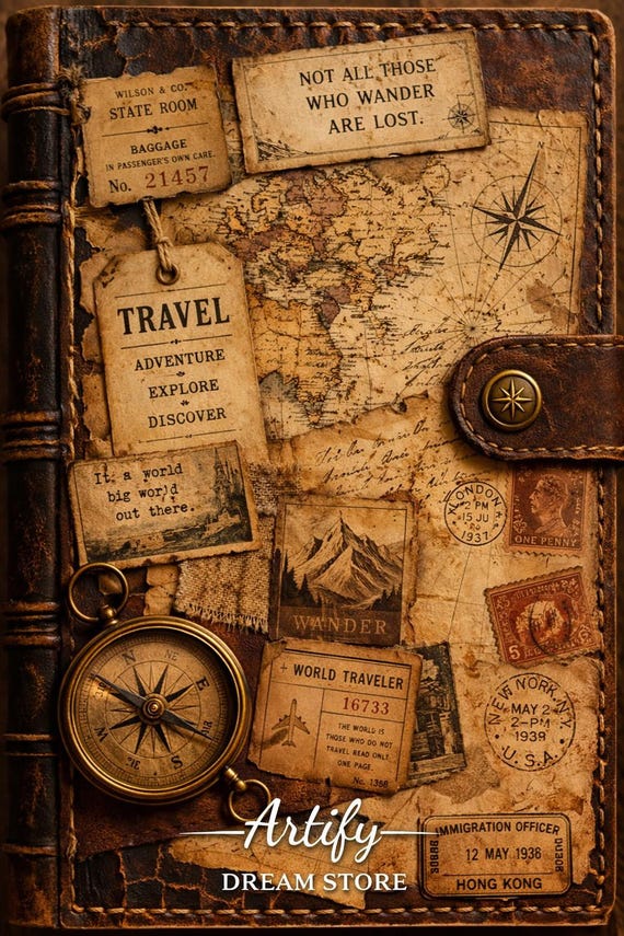 Vintage Travel Junk Journal Kit, Antique Maps, Adventure Scrapbook Papers (Digital Download)