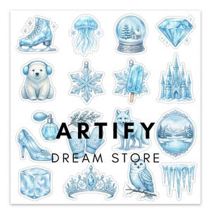 May include: A sticker sheet featuring various light blue illustrations including an ice skate, jellyfish, snow globe, diamond, polar bear, snowflake, popsicle, castle, perfume bottle, high heel, fox, landscape, ice cube, tiara, owl, and icicles.