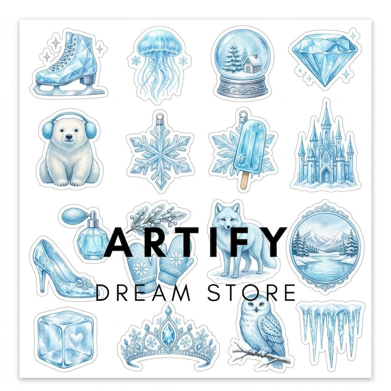 May include: A sticker sheet featuring various light blue illustrations including an ice skate, jellyfish, snow globe, diamond, polar bear, snowflake, popsicle, castle, perfume bottle, high heel, fox, landscape, ice cube, tiara, owl, and icicles.