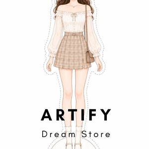 以下が含まれることがあります： 長いウェーブのかかった茶色の髪のキャラクターが、オフショルダーの白いブラウス、ベージュのチェック柄のプリーツスカート、白い靴下、明るい色の靴を着用している紙人形のイラスト。下に「ARTIFY Dream Store」というテキストが印刷されています。