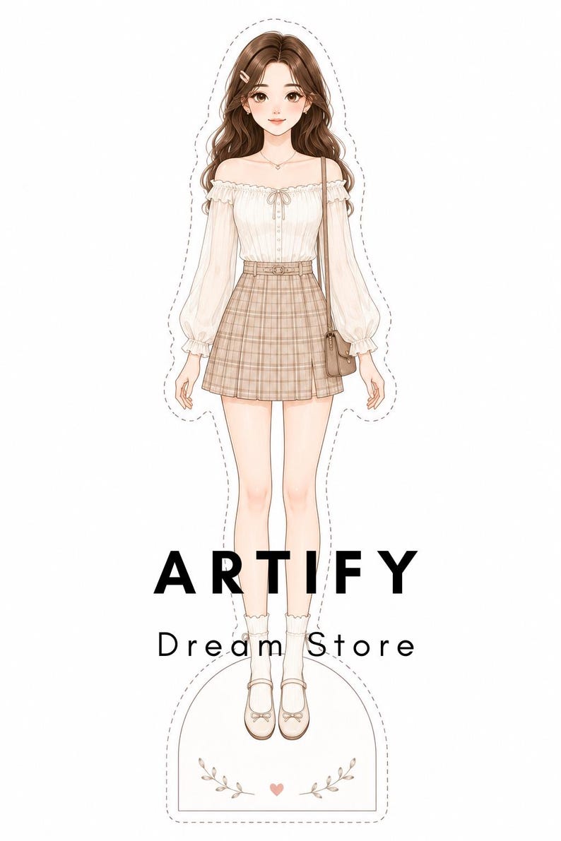 以下が含まれることがあります： 長いウェーブのかかった茶色の髪のキャラクターが、オフショルダーの白いブラウス、ベージュのチェック柄のプリーツスカート、白い靴下、明るい色の靴を着用している紙人形のイラスト。下に「ARTIFY Dream Store」というテキストが印刷されています。