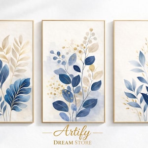 Set of 3 Botanical Leaf Prints, Blue Beige Neutral Gallery Wall Art (Digital Download)