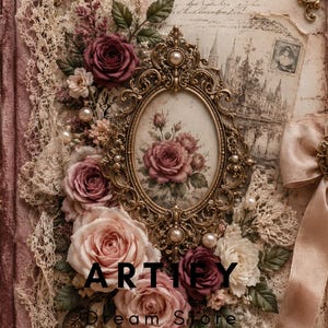 May include: A decorative journal cover featuring an ornate gold oval frame with a rose illustration, surrounded by fabric roses in shades of pink and burgundy, cream lace trim, gold corner accents, a satin ribbon bow, and vintage-style script text.