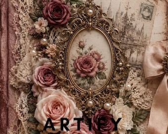 Op de afbeelding: Een decoratieve journal-kaft met een sierlijke gouden ovale lijst met een roosillustratie, omringd door stoffen rozen in roze en bourgondische tinten, crèmekleurig kant, gouden hoekaccenten, een satijnen strik en tekst in vintage-stijl.