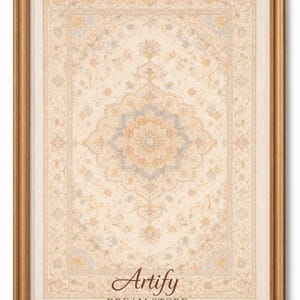 May include: Framed print of a beige and cream-colored rug with a central floral medallion design in shades of blue and gold. The rug is framed in a gold-colored wooden frame. The text "Artify DREAM STORE" is visible.