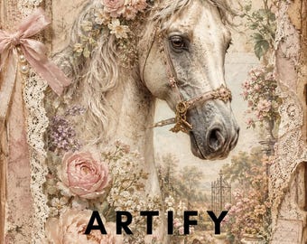 Portada de diario vintage con diseño de caballo estilo shabby chic, imprimible con estampado floral victoriano de poni.
