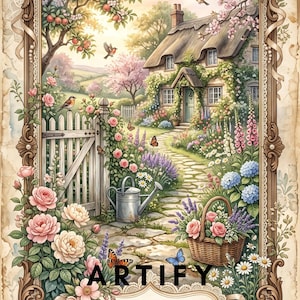 Op de afbeelding: Een decoratieve rechthoekige print met een cottage-tuin, een stenen pad, een wit houten hek, een metalen gieter en een mand met bloemen, gevat in een sierlijke bruine lijst met de tekst ARTIFY DREAM STORE.