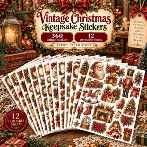 May include: A set of 12 printable sheets containing 360 vintage Christmas keepsake stickers. The stickers feature festive imagery including Santa Claus, a teddy bear, a nutcracker, a fireplace, a train, a rocking horse, and poinsettias.