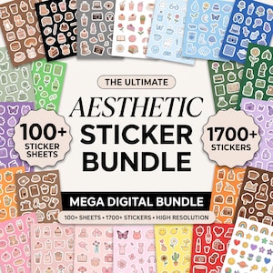May include: A digital sticker bundle featuring over 100 sheets and 1700 stickers in various color palettes including brown, blue, green, purple, orange, pink, yellow, and red. The text reads THE ULTIMATE AESTHETIC STICKER BUNDLE MEGA DIGITAL BUNDLE.
