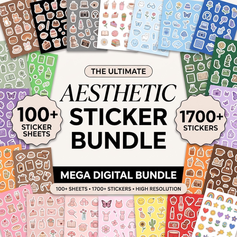 May include: A digital sticker bundle featuring over 100 sheets and 1700 stickers in various color palettes including brown, blue, green, purple, orange, pink, yellow, and red. The text reads THE ULTIMATE AESTHETIC STICKER BUNDLE MEGA DIGITAL BUNDLE.