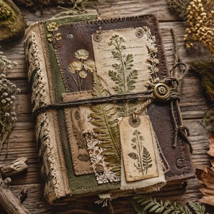Peut inclure: Un journal artisanal avec une couverture en cuir marron foncé, orné de pièces de tissu superposées, de spécimens botaniques pressés et de dentelle. Le livre est fermé par une cordelette nouée autour d'un bouton métallique et porte une étiquette en papier.