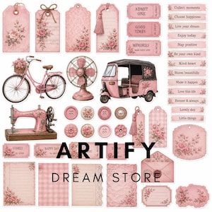 May include: A collection of pink-themed paper ephemera featuring floral patterns, vintage illustrations of a bicycle, a fan, a sewing machine, and a three-wheeled vehicle, along with various tags, labels, buttons, and text strips with inspirational phrases.
