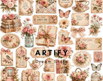 Paquete de efímeros florales estilo shabby chic, imágenes prediseñadas de diarios de recortes vintage, PNG de estilo cottagecore romántico (descarga digital)