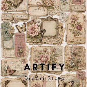 May include: A collection of vintage-style paper ephemera featuring aged parchment, floral illustrations, butterflies, ornate frames, antique keys, and tickets with text including "ADMITE ONE", "CARTE POSTALE", and "ARTIFY Dream Store".