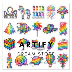 May include: A collection of colorful stickers featuring a roller coaster, zebra, paint tubes, jellyfish, mushroom, pyramid, fish, pinwheel, cowboy hat, gummy bear, cube, umbrella, sneaker, feather, cake, lava lamp, shell, planet, balloon, and flowers with the text ARTIFY DREAM STORE.