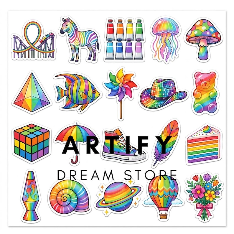 May include: A collection of colorful stickers featuring a roller coaster, zebra, paint tubes, jellyfish, mushroom, pyramid, fish, pinwheel, cowboy hat, gummy bear, cube, umbrella, sneaker, feather, cake, lava lamp, shell, planet, balloon, and flowers with the text ARTIFY DREAM STORE.