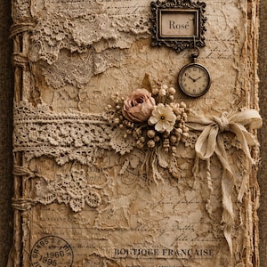 May include: A vintage-style journal with a textured, aged appearance. The cover features intricate lace, floral embellishments, and a small framed label that reads "Rosé". A pocket watch hangs below the frame. The journal is labeled "Artify DREAM STORE".