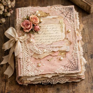May include: A vintage-style pink journal decorated with lace, pearls, dried roses, and a cream ribbon. The pages have a distressed appearance, with handwritten text and gold detailing. A spiderweb design is in the corner.
