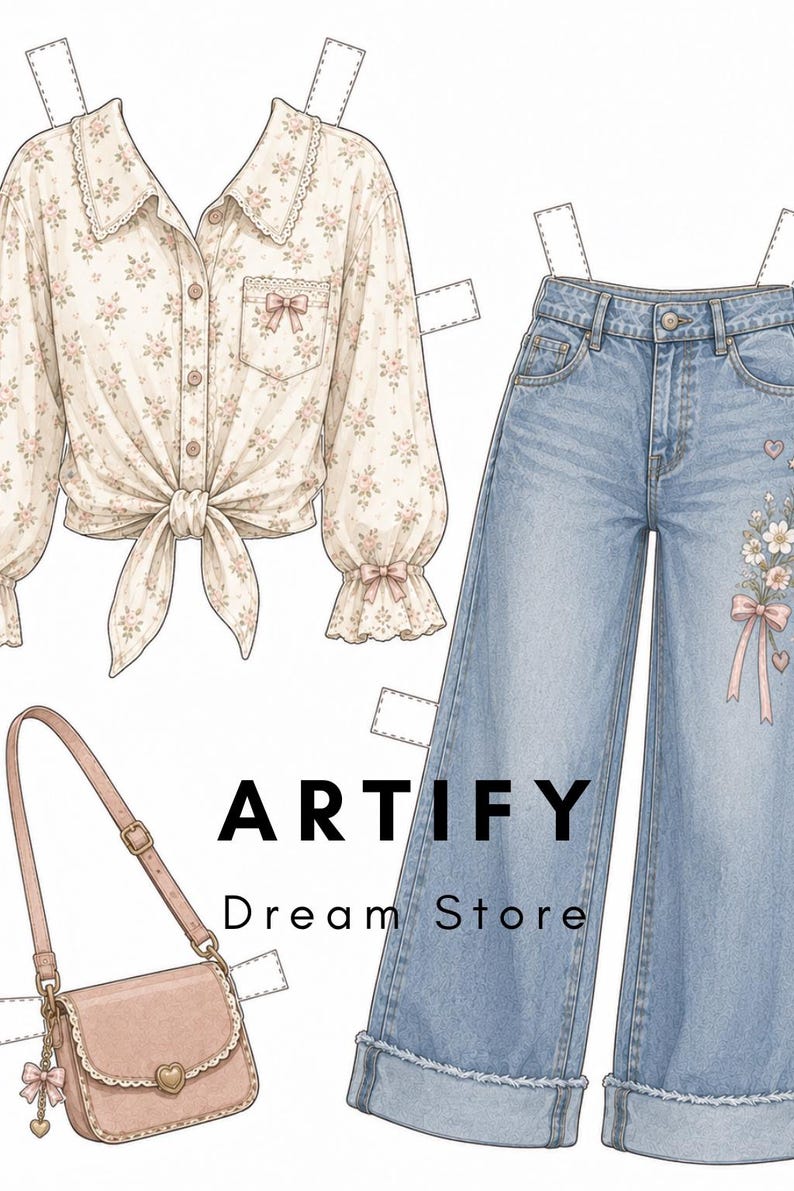 以下が含まれることがあります： ペーパードール風のイラスト。クリーム色の長袖シャツはピンクの花柄で、裾は結ぶタイプ、レースの縁取り付き。花柄の刺繍が入ったライトブルーのワイドジーンズと、ハートのチャームが付いたピンクのショルダーバッグが描かれています。
