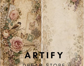Página imprimible de doble cara para diario de estilo vintage, papel con motivos botánicos victorianos, fondo para álbum de recortes de estilo shabby chic, descarga instantánea en PDF.
