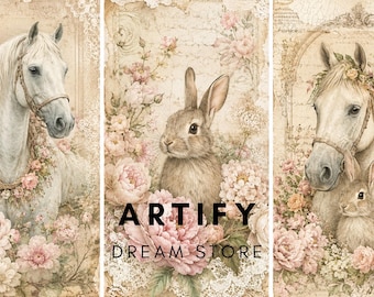 Juego de 3 láminas decorativas de pared estilo shabby chic con diseño de conejo y caballo.