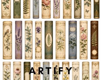 Botanische dagboekrug afdrukbare items | Vintage boekruggen | Efemere ongewenste tijdschriften