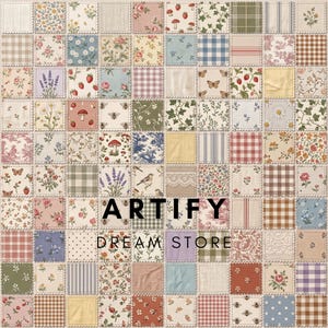 Puede incluir: Un diseño de tela de patchwork con una cuadrícula de azulejos cuadrados con diversos patrones, incluyendo estampados florales, fresas, setas, abejas, mariposas, cuadros vichy, rayas y texturas de encaje. El texto ARTIFY DREAM STORE está centrado.
