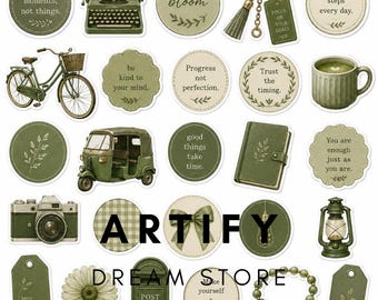 Green Ephemera Pack | Vintage Journal, Scrapbook Cutouts (Digital Download)