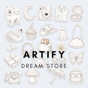 May include: A collection of white and light gray stickers featuring a dog, moon, camera, shirt, shell, swan, cupcake, hat, ghost, purse, hearts, headphones, toaster, daisy, slippers, teapot, star glasses, butterfly, phone, mushroom, umbrella, and cake.