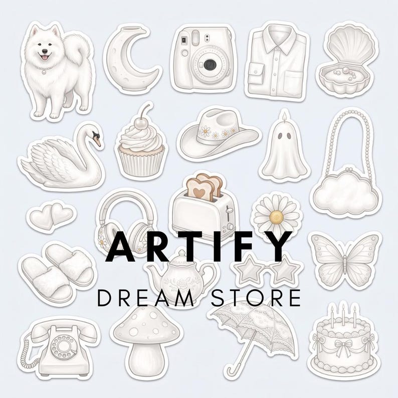 May include: A collection of white and light gray stickers featuring a dog, moon, camera, shirt, shell, swan, cupcake, hat, ghost, purse, hearts, headphones, toaster, daisy, slippers, teapot, star glasses, butterfly, phone, mushroom, umbrella, and cake.