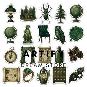 May include: A collection of stickers featuring dark green and earthy illustrations including a lamp, cabin, beetle, pine tree, globe, statue, armchair, owl, wax seal, compass, stone arch, scroll, bottle, pinecones, map, ring, lantern, cabinet, and snake.