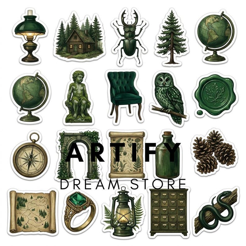 May include: A collection of stickers featuring dark green and earthy illustrations including a lamp, cabin, beetle, pine tree, globe, statue, armchair, owl, wax seal, compass, stone arch, scroll, bottle, pinecones, map, ring, lantern, cabinet, and snake.