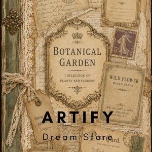 May include: A journal cover featuring a collage of vintage ephemera, including a postcard, postage stamps, and labels with text such as Botanical Garden, Garden Notes, and Wild Flower. The spine is accented with lace trim and a metal embellishment.
