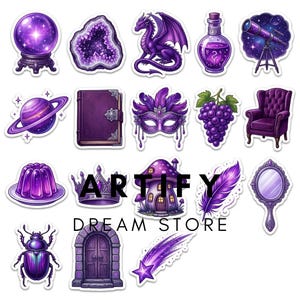 May include: A collection of purple-themed stickers featuring a crystal ball, amethyst geode, dragon, potion bottle, telescope, planet, book, masquerade mask, grapes, armchair, jelly, crown, mushroom house, feather, mirror, beetle, door, and shooting star.