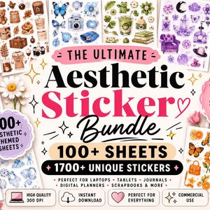 Könnte beinhalten: Eine Sammlung von Aufkleberbögen mit verschiedenen Themen, darunter rosa Desserts, braune Reiseartikel, blaue Objekte, grüne Naturelemente, violette mystische Gegenstände, schwarze Gothic-Symbole und orangefarbene Blumenmotive mit dem Text The Ultimate Aesthetic Sticker Bundle.