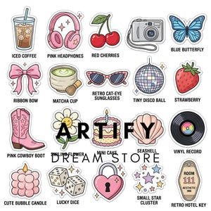 May include: A collection of twenty individual stickers featuring illustrations of an iced coffee, pink headphones, red cherries, a camera, a blue butterfly, a pink bow, a matcha cup, cat-eye sunglasses, a disco ball, a strawberry, a pink cowboy boot, a smiling flower, a mini cake, a seashell, a vinyl record, a bubble candle, dice, a heart padlock, stars, and a hotel key.